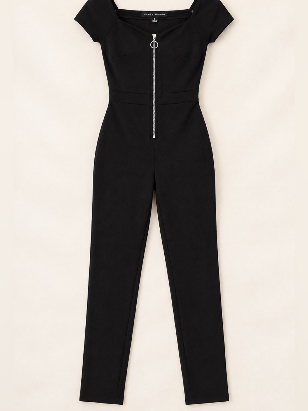 Haute Monde Black Zip-Front Fitted Jumpsuit Size Small – Sleek Stretch One Piece